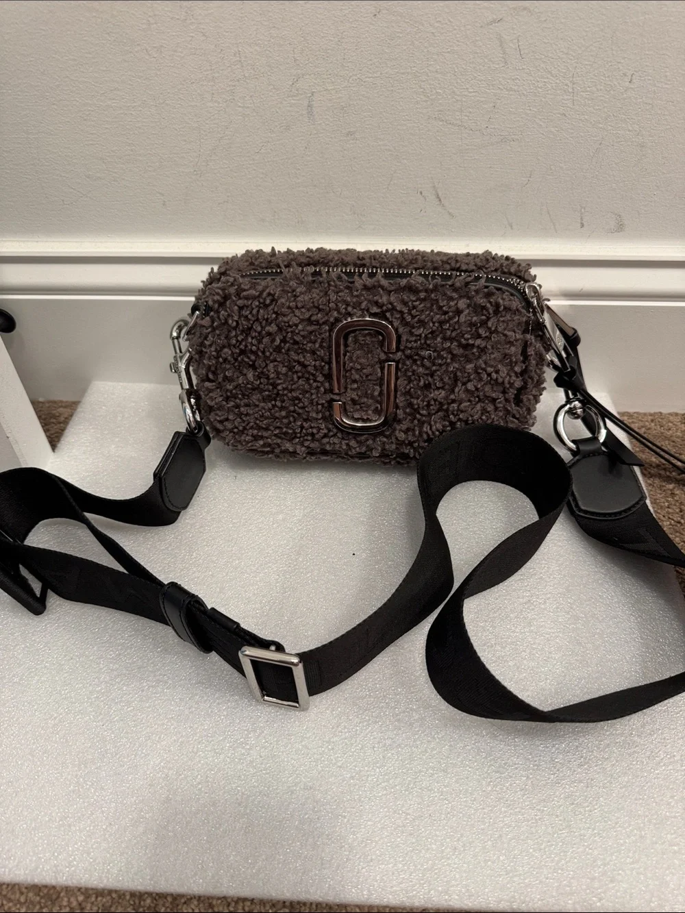 Marc Jacobs teddy shearling gray the snapshot crossbody bag purse